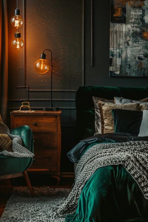 Transform your bedroom into a moody haven! 🌙 Discover 15 enchanting bedroom inspirations filled with deep tones, soft lighting, and cozy vibes. Perfect for creating a stylish, restful escape. #MoodyBedroom #BedroomInspo #HomeDecor Moody Bedroom Wall, Dark Wood Bed Frame, Enchanting Bedroom, Dark And Moody Bedroom, Moody Bedroom Ideas, Dark Wood Bed, Moody Decor, Moody Aesthetic, European Cottage