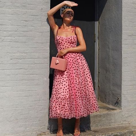 Lirika Matoshi (@lirika.matoshi) • Instagram photos and videos Midi Prom Dress, Vestidos Color Rosa, Heart Dress, Sling Dress, Prom Gown, Birthday Dresses, Pink Lace, Polka Dot Dress, Dot Dress