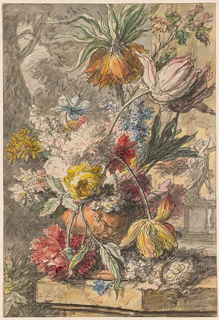 Jan van Huysum | Flowers in an Urn and Bird's Nest on a Stone Plinth, with a Statue of "Apollo and Daphne" in the Background | Drawings Online | The Morgan Library & Museum Jan Van Huysum, Terra Cotta Vase, Dutch Still Life, Still Life Artists, Terracotta Vase, Detailed Paintings, National Gallery Of Art, Art Antique, Old Paintings