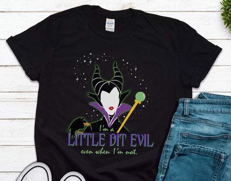 I'm a Little Bit Evil, Even When I'm Not.  This Maleficent Halloween T Shirt is perfect for your next Halloween trip to DisneyWorld or Disneyland. Choose your shirt color and size from the pull-down menu when ordering. Unisex sizing for a loose fit with very soft 100% cotton. 100% Cotton .: Airlume combed and ringspun cotton .: Runs true to size - Unisex Loose fit Select Color Shirt from first pull-down menu Select Size from second pull-down menu Made to order. Production time is 3-5 business da