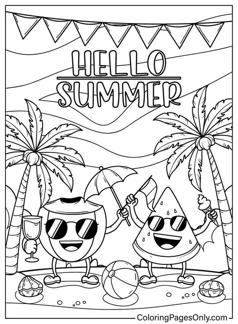 Cartoon Coconut And Watermelon On The Beach Hello Summer Coloring Pages, Animal Masks For Kids, Beach Cartoon, Paw Patrol Christmas, Beach Coloring Pages, Easy Flower Drawings, Islamic Kids Activities, Summer Coloring, Flower Drawings