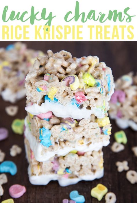 Lucky Charms Rice Krispie Treats are delicious  gooey krispie treats made with lucky charm cereal instead! Dip them in white chocolate for a super fun sweet treat! Lucky Charms Rice Crispy Treats, Lucky Charms Cereal Bars, Lucky Charms Treats, Marshmallow Bars, Lucky Charms Marshmallows, Lucky Charms Cereal, Broma Bakery, Pizza Roll, Magically Delicious