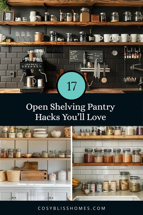 17 fancy open shelving pantry ideas to elevate your kitchen decor! Discover stylish storage solutions that fit every aesthetic, from rustic to modern. We'll inspire you with tips to organize a coffee bar station and maximize small spaces with flair. A well-arranged open pantry not only enhances your kitchen's visual appeal but also makes cooking easier. Get cost-effective ideas for trendy open shelving setups that can match your unique home decor style. Transform your pantry with these clever design tips! Shelving Pantry Ideas, Open Shelf Pantry In Kitchen, Open Pantry Shelving, Open Shelving Pantry, Eclectic Kitchens, Kitchen Open Shelving Ideas, Shelving Pantry, Pantry Hacks, Kitchen Open Shelves