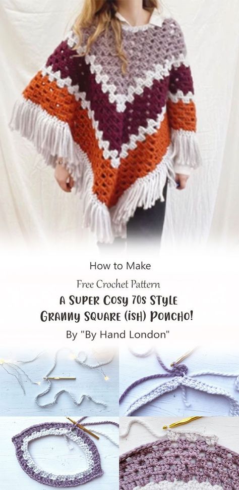 This is a very easy crochet pattern to do. It requires minimal skills so if you are thinking about picking up a hook, this is the one for you. 70s Crochet Patterns Free, 70s Crochet Patterns, 70s Crochet, Poncho Patterns, By Hand London, Crochet Poncho Free Pattern, Crocheting Projects, 70’s Style, Easy Crochet Projects