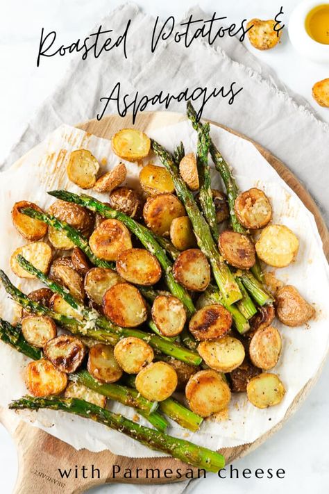 An easy recipe for crusty oven roasted potatoes and asparagus with parmesan cheese. This sheet pan vegetable dish is a perfect accompaniment to any meat, poultry or fish. Air Fryer Potatoes And Asparagus, Potatoes And Asparagus Baked, Parmesan Asparagus Recipes, Asparagus With Parmesan Cheese, Roasted Asparagus And Potatoes, Potato And Asparagus Recipe, Roasted Potatoes And Asparagus, Vegetable Fries, Potatoes Parmesan