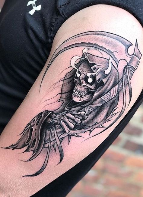 110 Unique Grim Reaper Tattoos You’ll Need to See - Tattoo Me Now Grim Reaper Tattoos, See Tattoo, Grim Reaper Tattoo, Reaper Art, Reaper Tattoo, Skull Sleeve Tattoos, Prison Tattoos, Grim Reaper Art, Tattoo Style Drawings