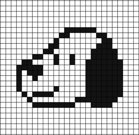 A pixel art template of the cartoon character Snoopy's face. Charlie Brown Alpha Pattern, Easy Pixel Art Black And White, Snoopy Pixel Grid, Pixel Art Pattern Black And White, Alpha Patterns Black And White, Snoopy Graph, Black And White Perler Bead Patterns, Black And White Pixel Art Grid, Pixel Art Black And White