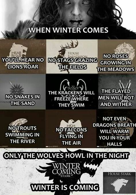 When winter comes... You'll hear no lions roar... No stags grazing the fields... No roses growing in the meadows... No snakes in the sand... The krakens will freeze where they swim... The flayed men will rot and wither... No trouts swimming in the river and no falcons flying in the air... Not even the dragons breath will warm you in your halls. Only the wolfs howl in the night... Winter is coming. #winteriscoming Book Advice, Winds Of Winter, Game Of Thrones Meme, The Winds Of Winter, Game Of Thrones Winter, Game Of Thrones Poster, Game Of Thrones 3, Got Game Of Thrones, Game Of Thrones Quotes