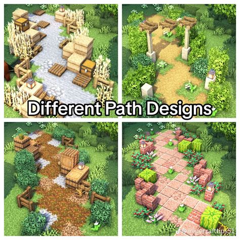 Pathway Minecraft Design, Path Idea Minecraft, Mc Cottagecore Builds, Woodland Minecraft Builds, Farm Inspo Minecraft, Minecraft Animal Pens Cottagecore, Minecraft Fairy Decor, Cobblestone Path Minecraft, Side Of Mountain Minecraft Build