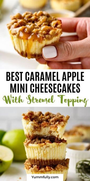 These Mini Apple Cheesecakes aren’t only quick and easy to prepare, but also a sophisticated fall dessert. They’re a perfect combination of a buttery graham cracker crust, creamy cheesecake filling, sweet and tangy apple topping, and moist and crunchy streusel topping. Perfect for any occasion. Apple Mini Cheesecakes, Apple Cheesecake Cupcakes, Mini Apple Cheesecake, Caramel Apple Mini, Apple Cheesecake Recipes, Sour Cream Uses, Mini Cheesecake Recipes, Caramel Apple Cheesecake, Apple Cheesecake