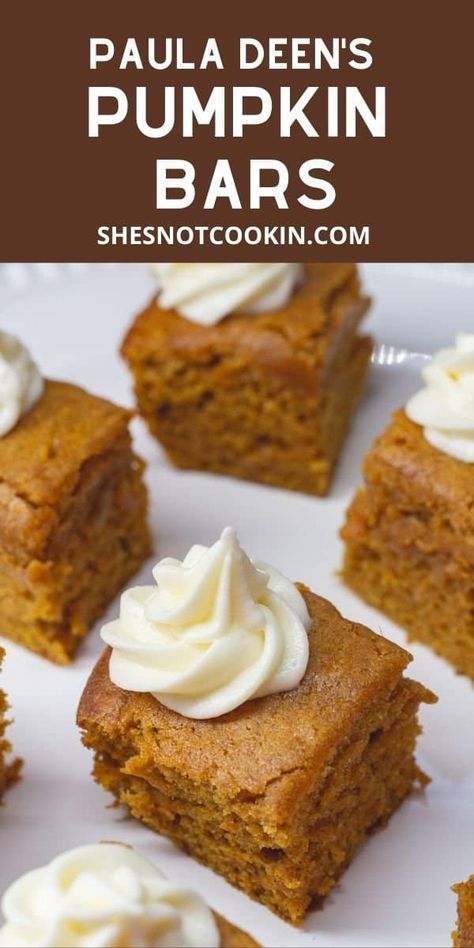 Paula Deen Pumpkin Bars, Pumpkin Bars Recipe, Easy Pumpkin Bars, Pumpkin Bars With Cream Cheese, Dessert Fall, Bars With Cream Cheese Frosting, Bars With Cream Cheese, Fall Baking Recipes, Paula Deen Recipes