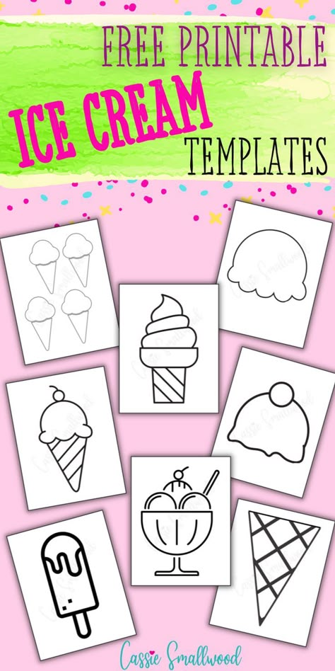 printable ice cream templates with ice cream cone, ice cream scoops, popsicle and ice cream sundae stencils Ice Cream Scoop Template, Popsicle Template, Ice Cream Cone Printable, Ice Cream Outline, Ice Cream Cone Drawing, Ice Cream Cone Craft, Ice Cream Template, Ice Cream Craft, Ice Cream Drawing