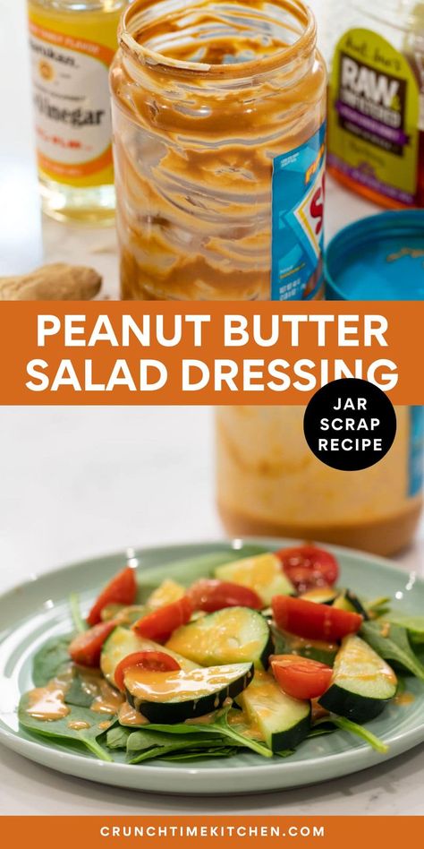 The perfect use for the tail-end of your peanut butter, this PB Salad Dressing is a great way to stretch the last of your jar! crunchtimekitchen.com #jarscraps #saladdressing #peanutbutter Thai Peanut Sauce In Peanut Butter Jar, Peanut Butter Jar Dressing, Peanut Butter Salad Dressing Recipes, Peanut Butter Salad Dressing, Peanut Salad Dressing, Peanut Dressing Recipe, Steam Chicken Recipe, Peanut Butter Dressing, Peanut Butter Salad