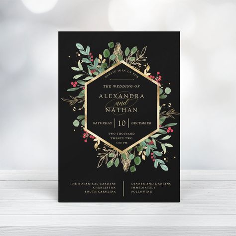 Black Christmas Wedding, Holiday Wedding Invitations, Wedding Postcards, Popular Wedding Invitations, Christmas Wedding Invitations, Elegant Winter Wedding, Black Wedding Invitations, Winter Wedding Invitations, Greenery Wedding Invitations