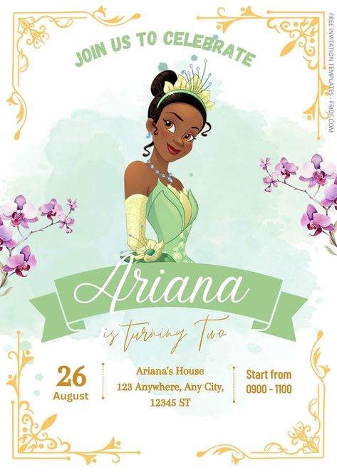 FREE Charming The Princess And The Frog Birthday Invitation Templates Check more at https://www.fridf.com/free-charming-the-princess-and-the-frog-birthday-invitation-templates/ Princess And Frog Invitation, Princess And The Frog Birthday Party, Princess And The Frog Birthday, Tiana Party, Princess Tiana Birthday Party, Tiana Birthday Party, Frog Birthday Party, Frog Dress, Frog Birthday