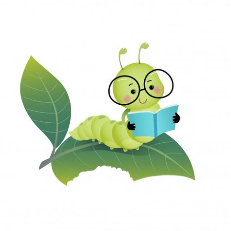 Cartoon Caterpillar, Bug Cartoon, Illustration Cute, Kids Vector, Reading A Book, Animal Books, Wearing Glasses, Art Drawings For Kids, Leaf Art