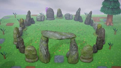 Animal Crossing Stonehenge, Acnh Villager Yard Size, Cool Animal Crossing Designs, Acnh Stonehenge Ideas, Acnh Stonehenge, Acnh Swinging Bench Ideas, Acnh Fossil Display, Acnh Cliff Decoration, Acnh Crosswalk