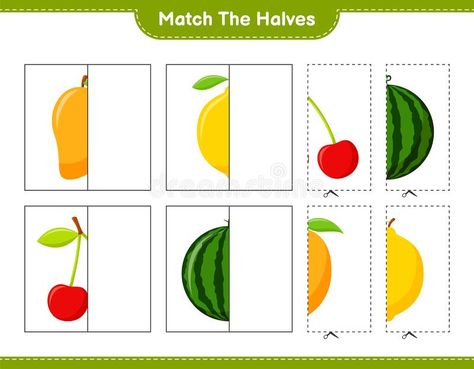 Match the halves. Match halves of Fruits. Educational children game, printable worksheet, vector illustration royalty free illustration Preschool Puzzles, Bee Crafts For Kids, Fruit Picture, Free Preschool, Creative Activities For Kids, Bee Crafts, Game Printable, Preschool Activity, Kids Learning Activities