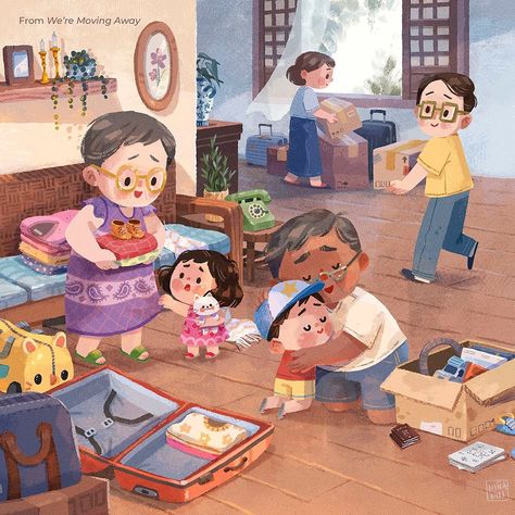 Book Illustration Layout, Book Illustration Design, Story Books Illustrations, Illustration Art Kids, Family Drawing, We're Moving, Big Move, Picture Books Illustration, Childrens Books Illustrations