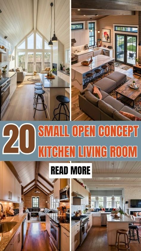 Explore 20 small open concept kitchen and living room designs that maximize space and style. Find practical layout ideas and decorating tips to create a seamless flow between cooking and living areas, making your space feel larger and more inviting. Ideal for those looking to enhance their compact homes with smart, stylish solutions. Open Concept Kitchen Living Room Ranch House, Open Kitchen Family Room Layout, Living Room Between Kitchen And Dining, Open Concept Kitchen Remodel, Small Space Open Concept Kitchen Living Room, Open Up Wall From Kitchen To Living Room, Open Kitchen Into Living Room, Tiny Open Concept Kitchen Living Room, Small Family Room Off Kitchen