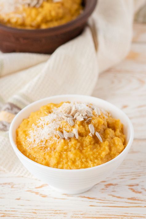 Slavic Millet Pumpkin Porridge (Vegan) - Slavic Vegan Millet Recipes Breakfast, Pumpkin Porridge, Millet Porridge, Vegan Gluten Free Breakfast, Lime Quinoa, Carrot Cupcake, Millet Recipes, Road Trip Food, Porridge Recipes