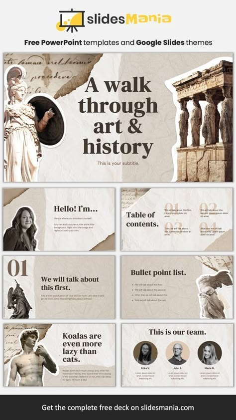 Art & History | Free PowerPoint template & Google Slides theme in 2024 | Presentation slides design, Powerpoint slide designs, Powerpoint presentation design History Google Slides, Vintage Presentation Design, History Ppt Template, History Presentation Design, Art History Presentation, Scrapbook Presentation, History Powerpoint, History Presentation, Canva Presentation Template