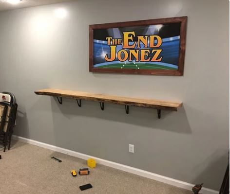 Diy Bar Ledge On Wall, Drink Ledge Basement, Bar Ledge On Wall Basement, Ledge On Wall, Bar Ledge On Wall, Wall Bar Shelf, Standing Bar, 80s House, Wall Ledge