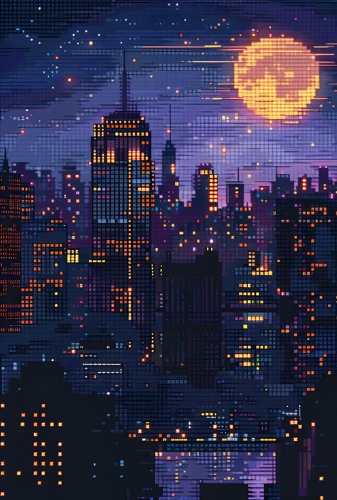 Experience the serene allure of urban nights in pixel art! Save & follow for more pixel-perfect scenes. This digital art style, born in the 1970s with the rise of video games, uses individual pixels to create intricate and cohesive images, reminiscent of classic video game graphics. Each pixel acts like a brushstroke, meticulously placed to form a glowing nocturnal cityscape. Discover the magic of pixel art where nostalgia meets modern artistry.  #PixelArt #DigitalArt #UrbanNights #Cityscape #ArtHistory #RetroGraphics #PixelSynth Pixel Wallpapers, Video Game Graphics, Happy Charms, City Skyline At Night, Moon In The Sky, Game Graphics, Skyline At Night, Wall Street Art, Artistic Wallpaper