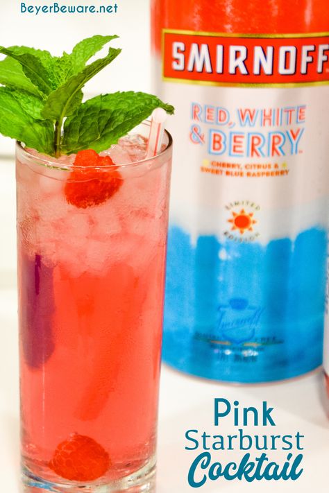 Pink Starburst vodka cocktail combines Smirnoff's Red, White, and Berry vodka with the berry lemonade Sparkling Ice water for an easy-sipping, low-carb cocktail that tastes just like starburst candy. #Vodka #Cocktails #RedWhiteBlue #Booze #Drinks #LowCarb #Keto Red White And Berry Vodka Drinks, Berry Blast Smirnoff Recipes, Sparkling Ice Cocktails Vodka, Smirnoff Berry Blast Recipes, Red White And Berry Smirnoff Recipes, Smirnoff Red White And Berry Recipes, Starburst Vodka, Sparkling Ice Cocktails, Titos Vodka Drinks