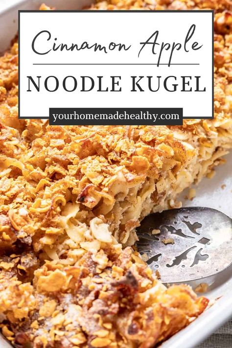 This Cinnamon Apple Noodle Kugel is better than any kugel from a Kosher deli. It's sweet, creamy, and sprinkled with the best crunchy corn flakes topping. Enjoy this traditional Jewish dish year round for holidays, brunch, or family gatherings. Best Noodle Kugel Recipe, Pineapple Kugel Recipe, Savory Noodle Kugel Recipe, Sweet Noodle Kugel Recipe, Cornflake Recipes, Noodle Kugel Recipe, Hannukah Recipes, Crunchy Corn, Corn Flake