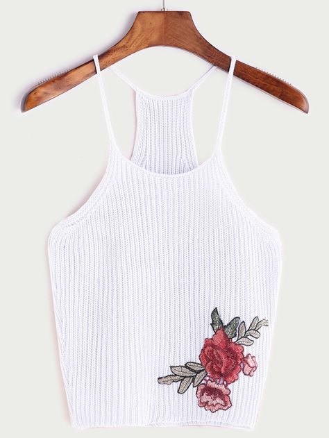 Shop Rose Patch Knit Cami Top online. SheIn offers Rose Patch Knit Cami Top & more to fit your fashionable needs. Knit Vest Women, White Cami Tops, Rose Patch, White Spaghetti Strap, Short Design, Strap Tank Top, One Rose, Spaghetti Strap Tank Top, Rose Embroidery