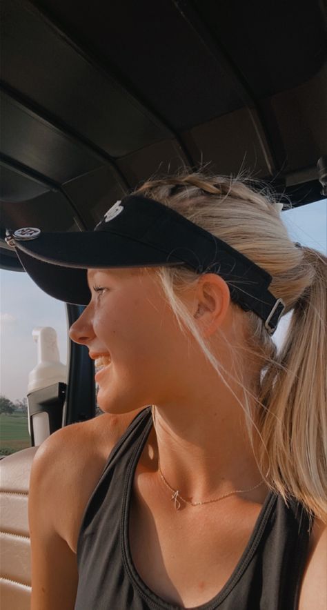 Cute Golfing Hairstyles, Tennis Hat Hairstyles, Cute Hairstyles For Visor Hats, Visor Hairstyles Cute Golf, Hair Styles With Visor Hats For Work, Cute Visor Hairstyles For Work, Visor Outfit Summer, Golf Hairstyle Women No Hat, Tennis Visor Hairstyles