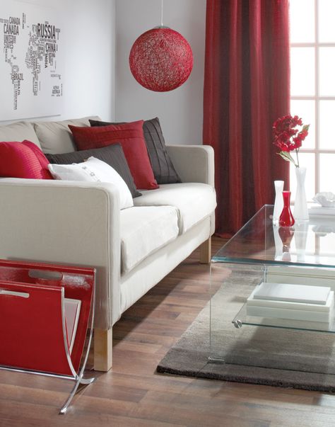 Bold, bright red  Decorating with red, white & brown!  For more details, visit www.bouclair.com.    Rouge brillant et éclatant  Décorez avec du rouge, blanc et brun!  Pour plus de détails, visitez le www.bouclair.com. Decorating With Red, Dark Brown Couch Living Room, Red Living Room Decor, Grey And Brown Living Room, Brown And Blue Living Room, Brown Living Room Decor, Brown Couch Living Room, Red Living, Deco Studio