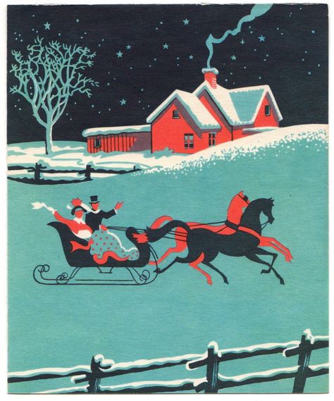 Vintage Christmas Card. Sleigh Ride at night. Vintage Sleigh, Horse Drawn Sleigh, Antique Christmas Cards, Art Deco Christmas, Vintage Christmas Toys, Deco Christmas, Winter Horse, Dollhouse Christmas, Vintage Christmas Card