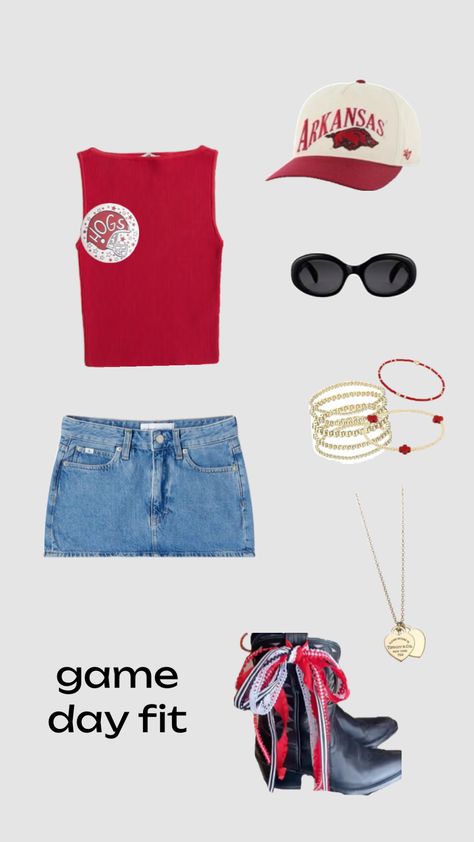 Game Day Outfit Aesthetic, Red And Blue Gameday Outfit, Cute College Game Day Outfits, Game Day Outfit Alabama, Red Tailgate Outfit, Arkansas Football Game Outfit, Georgia Football Game Outfit, Gameday Outfits College, Ou Game Day Outfit