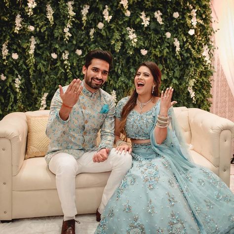 Loved the way this couple expressed their happiness, after ring ceremony. #brideandgroom #bridestyle #groomstyle #engagementceremony #engagementoutfit #ringceremony #bridaloutfit #couplephotography #happycouple #couplegoals Engagement Outfits Indian, Indian Engagement Outfit, Engagement Couple Dress, Engagement Dress For Men, Engagement Dress For Groom, Wedding Matching Outfits, Engagement Dress For Bride, Indian Engagement, Groom Dress Men