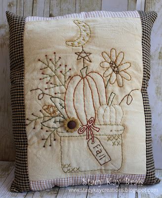 Stacy Kay Creations: Fall Stitching! Primitive Embroidery Patterns, Primitive Stitching, Primitive Embroidery, Primitive Pillows, Primitive Stitchery, Fall Bouquet, Primitive Patterns, Pillow Embroidery, Fall Sewing