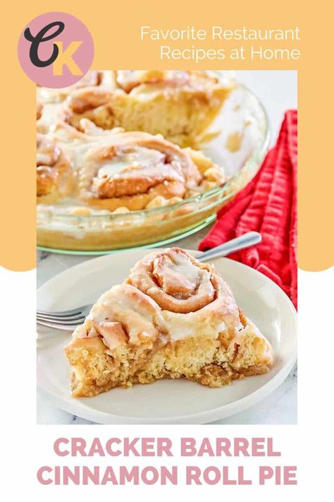 Cracker Barrel Cinnamon Roll Pie is rich, sweet, and absolutely incredible. Get the easy copycat recipe and find out how to make the best cinnamon roll pie from scratch. Fluffy homemade cinnamon rolls are baked in pastry pie crust and topped with icing. Great for brunch and weekend breakfast. Giant Cinnamon Roll Recipe, Cinnamon Roll Pie, Cracker Barrel Copycat, Food Copycat Recipes, Pastry Pie Crust, Entertaining Desserts, Cracker Barrel Recipes, Bread Cinnamon Rolls, Cinnamon Roll Icing