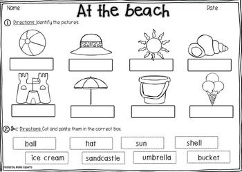 AT THE BEACH VOCABULARY PACK - TeachersPayTeachers.com Beach Writing Activities, Beach Kindergarten Activities, Beach Worksheets For Preschool, Summer Vocabulary Worksheet, Beach Worksheets For Kids, Beach Kindergarten, At The Beach Worksheet, Beach Worksheet, Season Worksheet