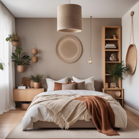 🛏️ Cozy & warm bedroom vibes! Big bed with comfy pillows & throw, plants, artsy wall, cool shelves with books & bits. Big basket light, side table with plant & lamp, chill rug, soft curtains, and wooden floor. Comfy & chill space. 🌿💡📚🖼️✨ #odastudioAI #odaAIstudio #odastudio  #bedroomdecor #bedroomideas #bedroomdesign #bedroomstyle #cozybedroom #modernbedroom #minimalistbedroom #bedroominspiration #masterbedroom #bedroominterior Bedroom Inspirations Modern Boho, Bed Side Decoration Ideas, Master Bedrooms Decor Small Space, Chilled Bedroom Ideas, Master Bed Curtains, Shelves On Either Side Of Bed, Different Side Tables Bedroom, Boho Artsy Bedroom, Cozy Vibes Bedroom