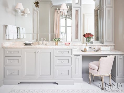 Serene Sanctuaries | AH&L Courtney Giles Interiors creates a blushing beauty in Buckhead. Vanity With Makeup Area, Pretty Vanity, Remodel Closet, French Vanity, Vanity Seat, Decor Market, Bad Inspiration, Master Bath Remodel, Vanity Chair