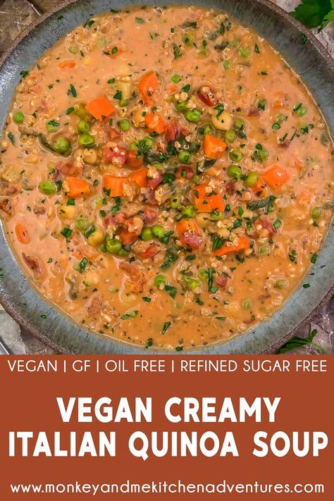 Vegan Quinoa Soup, Creamy Quinoa Soup, Plant Based Foods List, Italian Quinoa, Monkey And Me Kitchen Adventures, Monkey And Me, Quinoa Soup, Vegan Quinoa, Vegan Parmesan Cheese