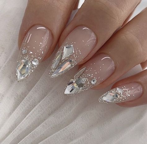 Luxury Wedding Nails, Wedding Manicure For Bride, Pink Wedding Nails For Bride, Wedding Nails Silver, Gemstone Nail Art, Bejeweled Nails, Jewel Nails, Nail Art Mariage, Ongles Bling Bling