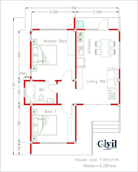 House Design Plans 7.5×11 With 2 Bedrooms Hip Roof - Engineering Discoveries Hip Roof House Plans, Simple Floor Plan, Floor Plan With Dimensions, Plan 2d, Modern House Floor Plans, Little House Plans, Small House Layout, Roof House, Compact House