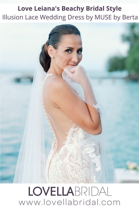 Dreaming of an oceanfront beach or tropical wedding? Don't miss this destination wedding in Tahiti where the bride wore a gorgeous, fitted, illusion-lace wedding dress with a plunging neckline from the Muse by Berta bridal gown. Lovella Bridal is a luxury wedding dress boutique in Los Angeles, CA. Shop wedding dresses, bridal gowns, veils & hair accessories, plus size, lace, a line, off the shoulder, destination, short, & unique wedding dress styles. Illusion Lace Wedding Dress, Lovella Bridal, Best Wedding Dress Designers, Tahiti Bora Bora, Luxury Bridal Dress, Muse By Berta, Chic Bridal Gown, Dress For Beach, Lace Bridal Dress