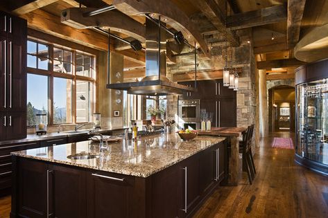 Kitchen | ANDESITE RESIDENCE LOCATION: Yellowstone Club, Big… | Flickr Wooden Rafters, Raised Ceiling, Kitchen Design Pictures, Custom Kitchens Design, Interior Design Gallery, High End Kitchens, Stone Dining Table, Stone Walls, Rustic Theme