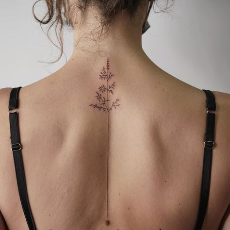 Ali on Instagram: “Delicate grass ♥” Tatoos Small Back Of Neck, Back Of Neck Spine Tattoo, Simple Floral Back Tattoo, Spine Tattoos For Women Lavender, Feminine Spine Tattoos Simple, Lavender Tattoo Spine, Wildflower Tattoo Spine, Back Of Neck Tattoos For Women Classy, Lavender Back Tattoo