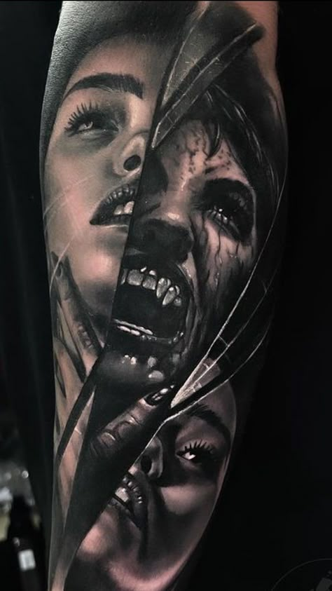 Movie Character Tattoos, Vampire Tattoo Designs, Portrait Tattoo Sleeve, Vampire Tattoo, Pin Up Girl Tattoo, Evil Tattoo, Girl Face Tattoo, Devil Tattoo, Beautiful Flower Tattoos