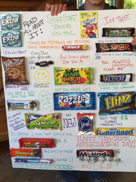 Candy Card for Teacher Appreciation Day! In preschool the kids have many great teachers. I thought this would be a fun way to show our thanks to each one of them for all of their hard work. I also took a picture of my son holding the card, made copies for all the teachers and glued them onto cards so that they could each keep the memory (should they choose), even after the candy card was eaten. Candy Card For Teacher, Thank You Cards With Candy, Market Day Poster Ideas For School, Marketing Baskets, Card For Teacher Appreciation, Birthday Quotes For Teacher, Candy Poster Board, Teacher Appreciation Poster, Candy Bar Poster