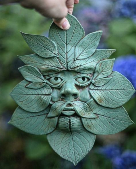 Hydrangea Leaf Green Man I Made For My Garden Hydrangea Leaf, Garden Wall Plaque, Hydrangea Leaves, Miniature Pottery, Garden Plaques, Oldest Human, Ancient Pottery, Garden Pottery, Hand Built Pottery